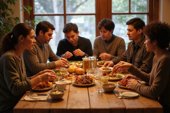 Un gruppo di persone che mangiano insieme, che rappresenta una nutrizione sociale e consapevole.