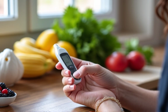 Una persona che misura il glucosio nel sangue, con alimenti sani sullo sfondo, che rappresenta la gestione del diabete.