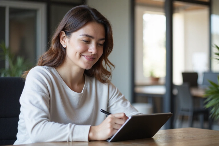 Foto di una persona che scrive su un tablet, simbolo di comunicazione e contatto
